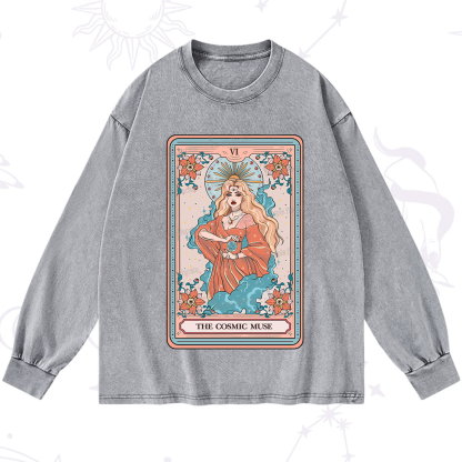 Purplehecate The Cosmic Muse Tarot Card Washed Long Sleeve Shirt