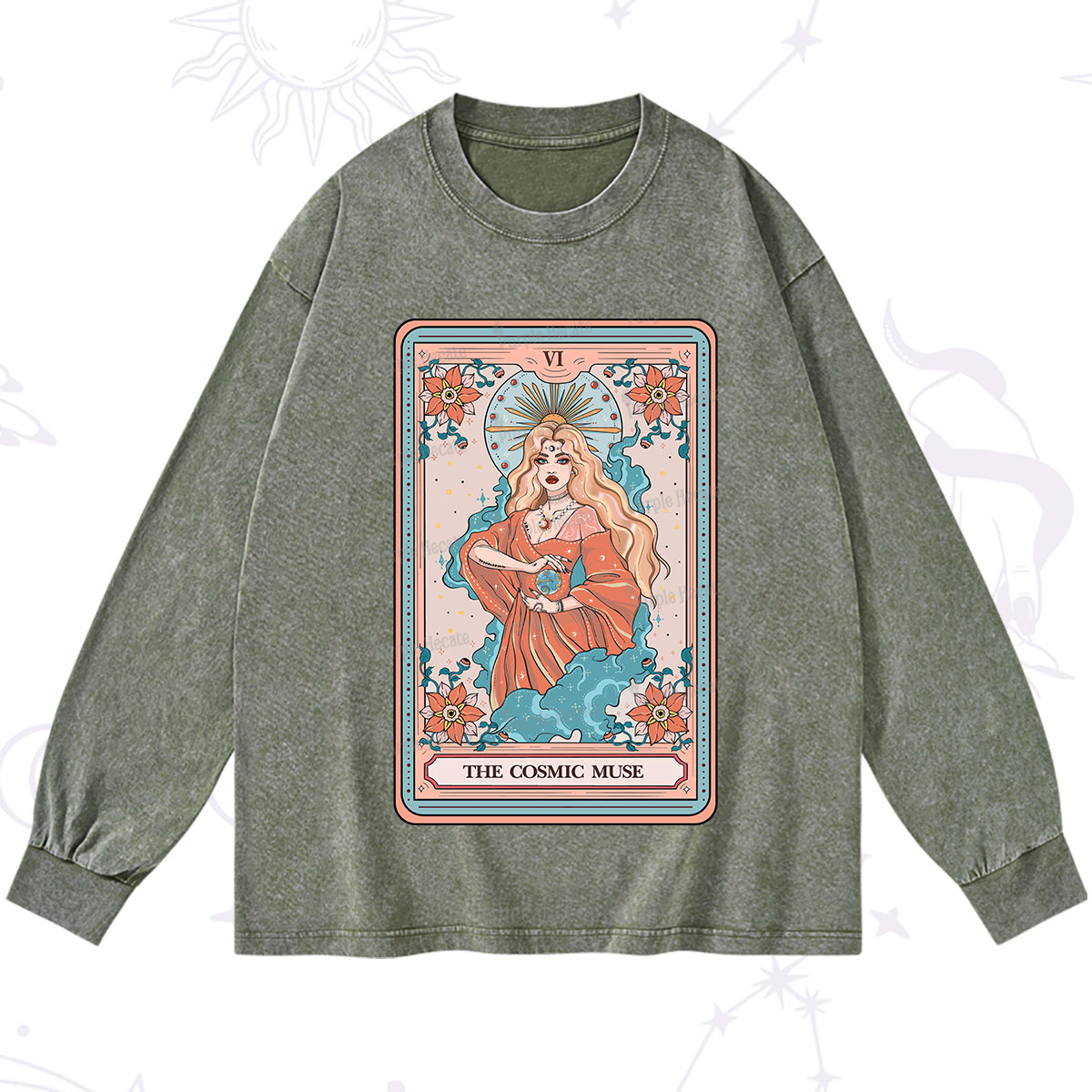 Purplehecate The Cosmic Muse Tarot Card Washed Long Sleeve Shirt