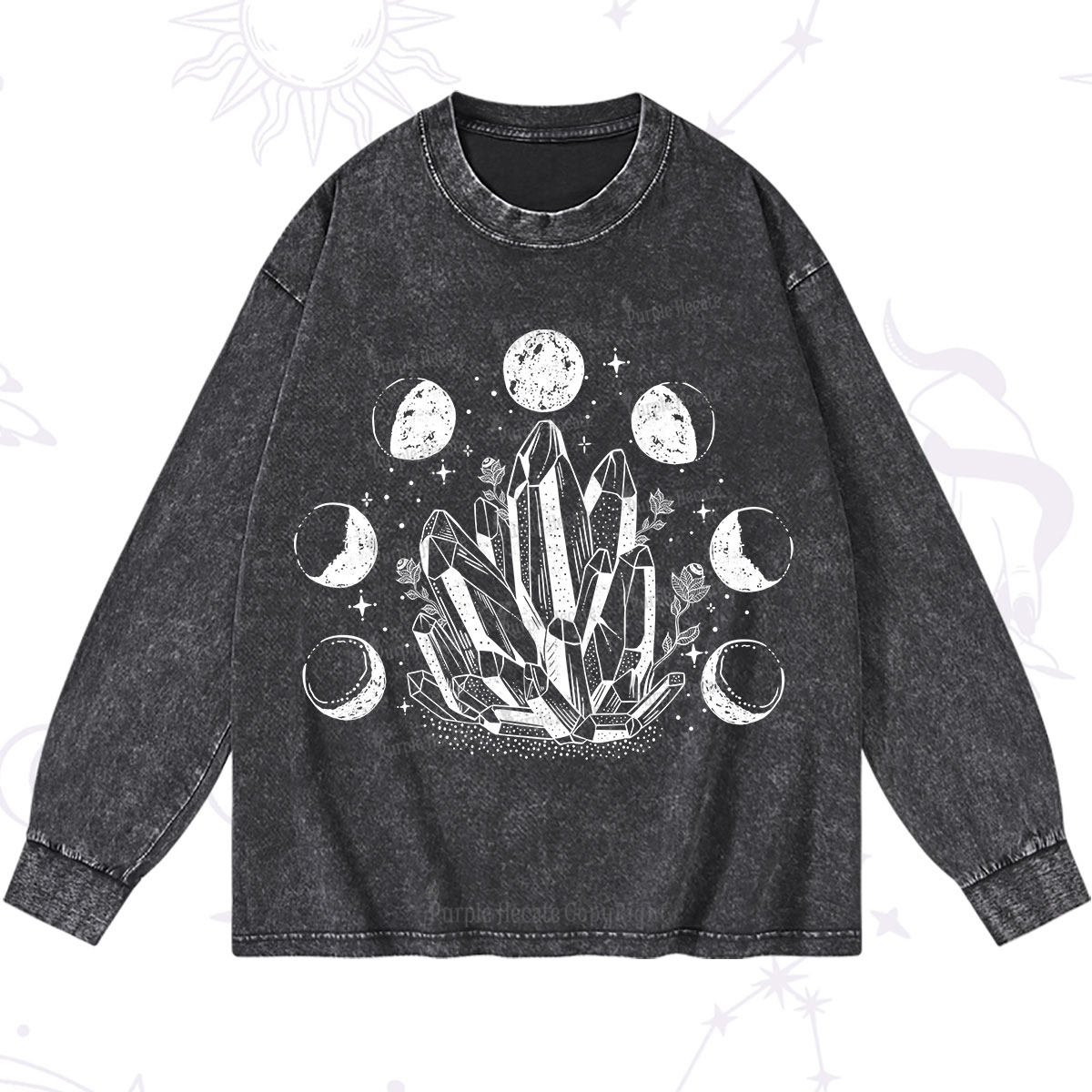 Purplehecate Crystals and Moon Phases Washed Long Sleeve Shirt