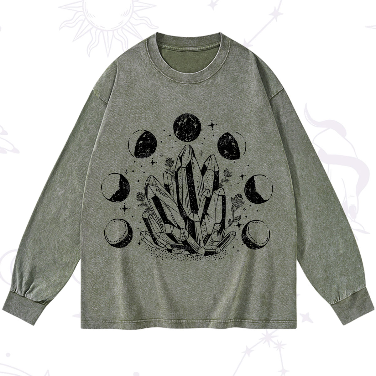 Purplehecate Crystals and Moon Phases Washed Long Sleeve Shirt