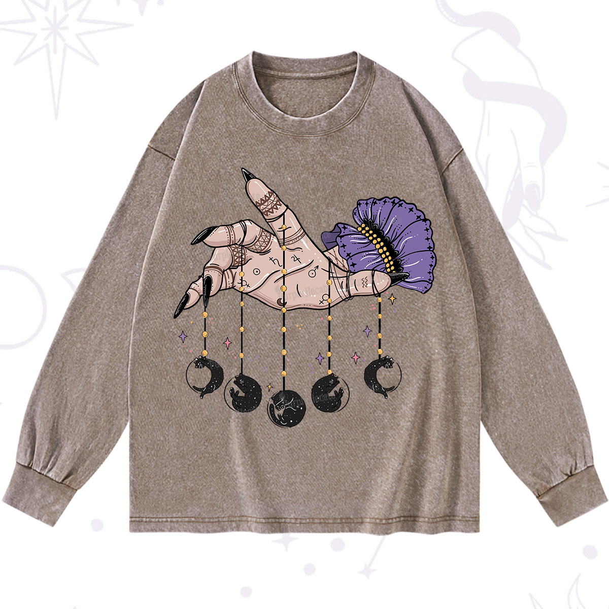 Purplehecate Feline Lunar Phases Washed Long Sleeve Shirt