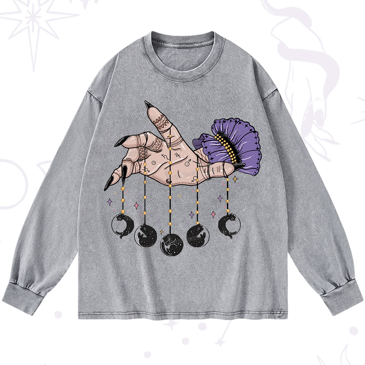 Purplehecate Feline Lunar Phases Washed Long Sleeve Shirt