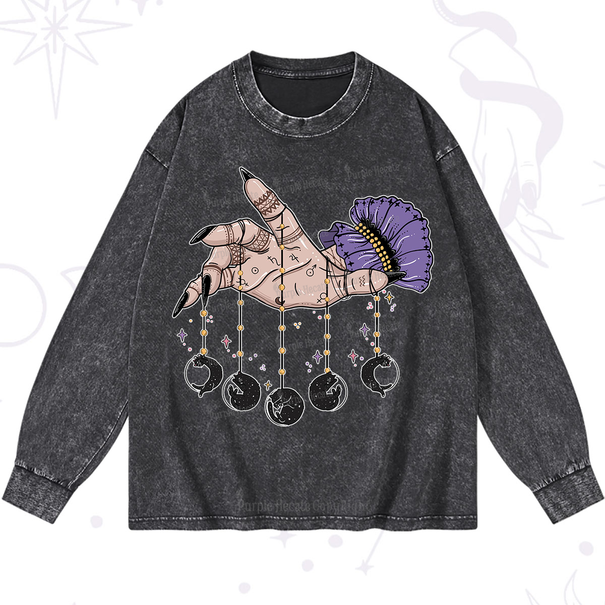 Purplehecate Feline Lunar Phases Washed Long Sleeve Shirt