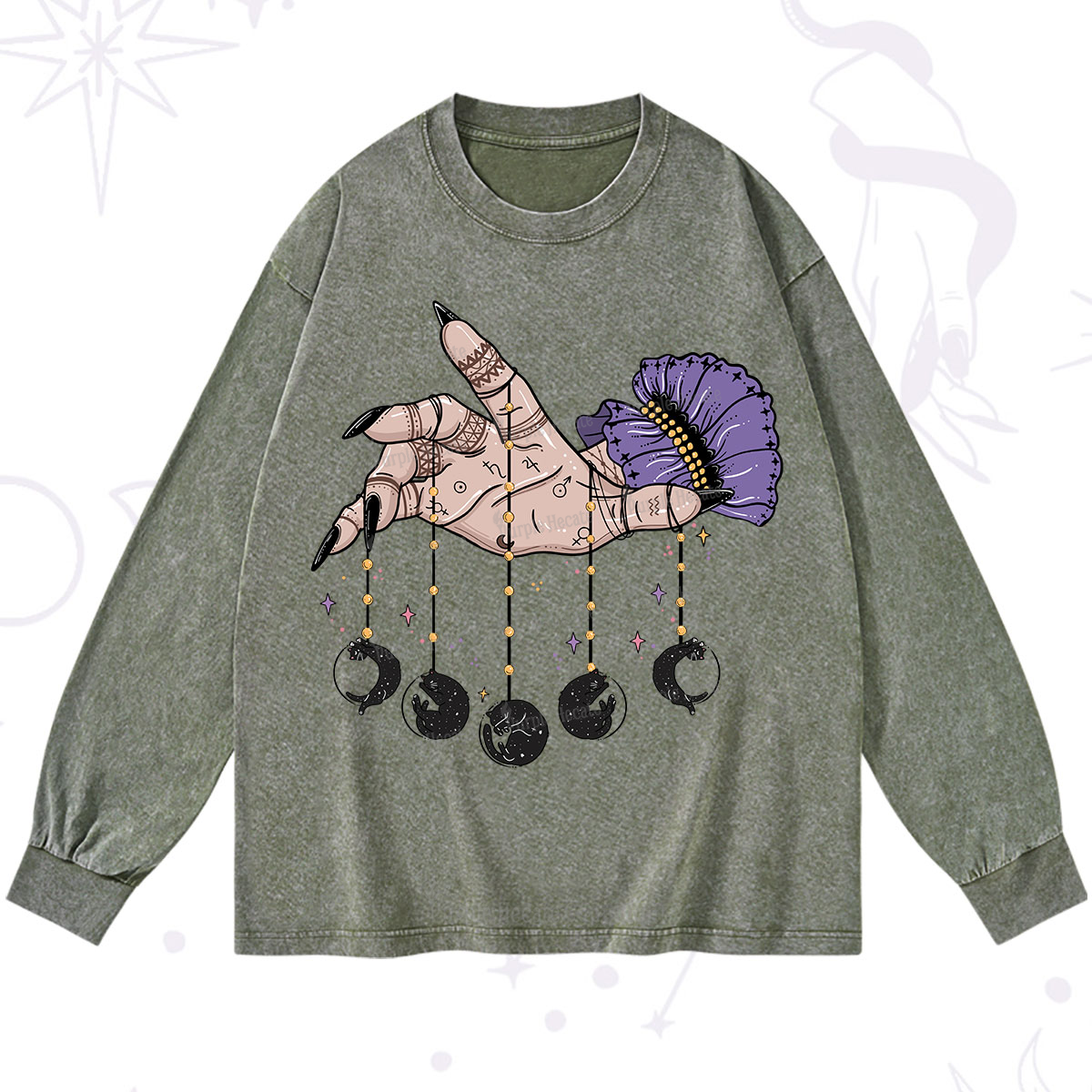 Purplehecate Feline Lunar Phases Washed Long Sleeve Shirt