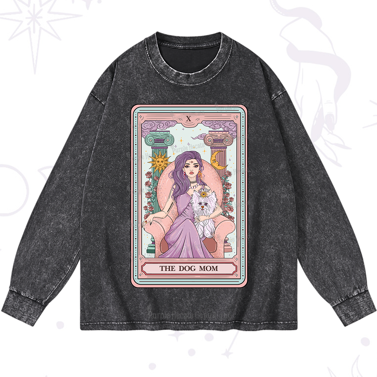 Purplehecate The Cute Dog Mom Tarot Card Washed Long Sleeve Shirt