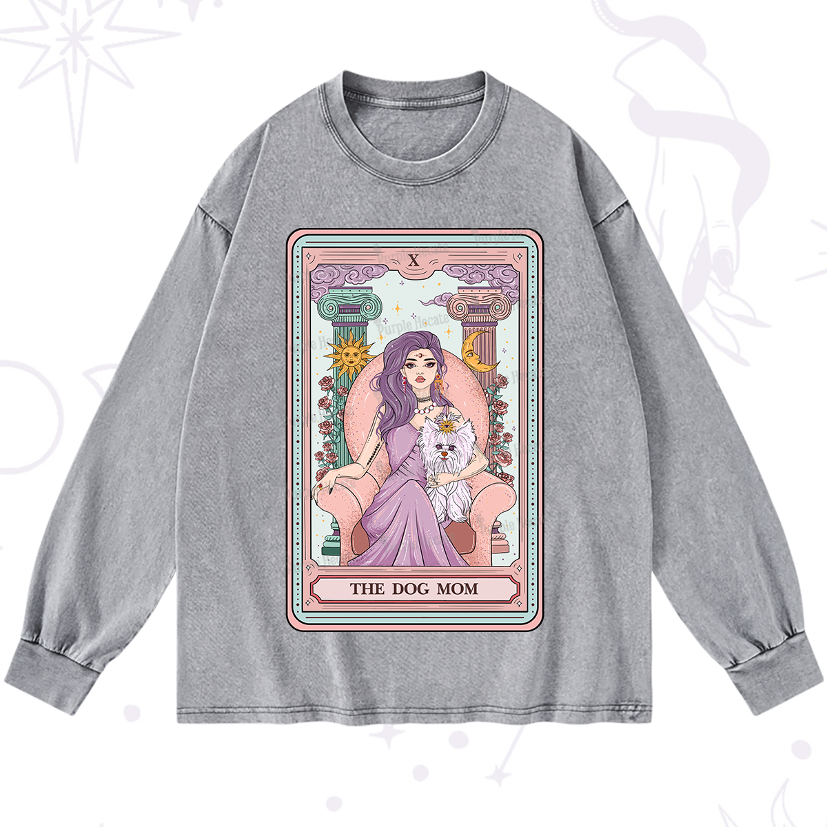 Purplehecate The Cute Dog Mom Tarot Card Washed Long Sleeve Shirt
