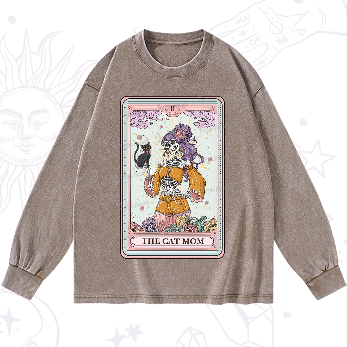Purplehecate The Skeleton Cat Mom Tarot Card Washed Long Sleeve Shirt