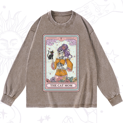 Purplehecate The Skeleton Cat Mom Tarot Card Washed Long Sleeve Shirt