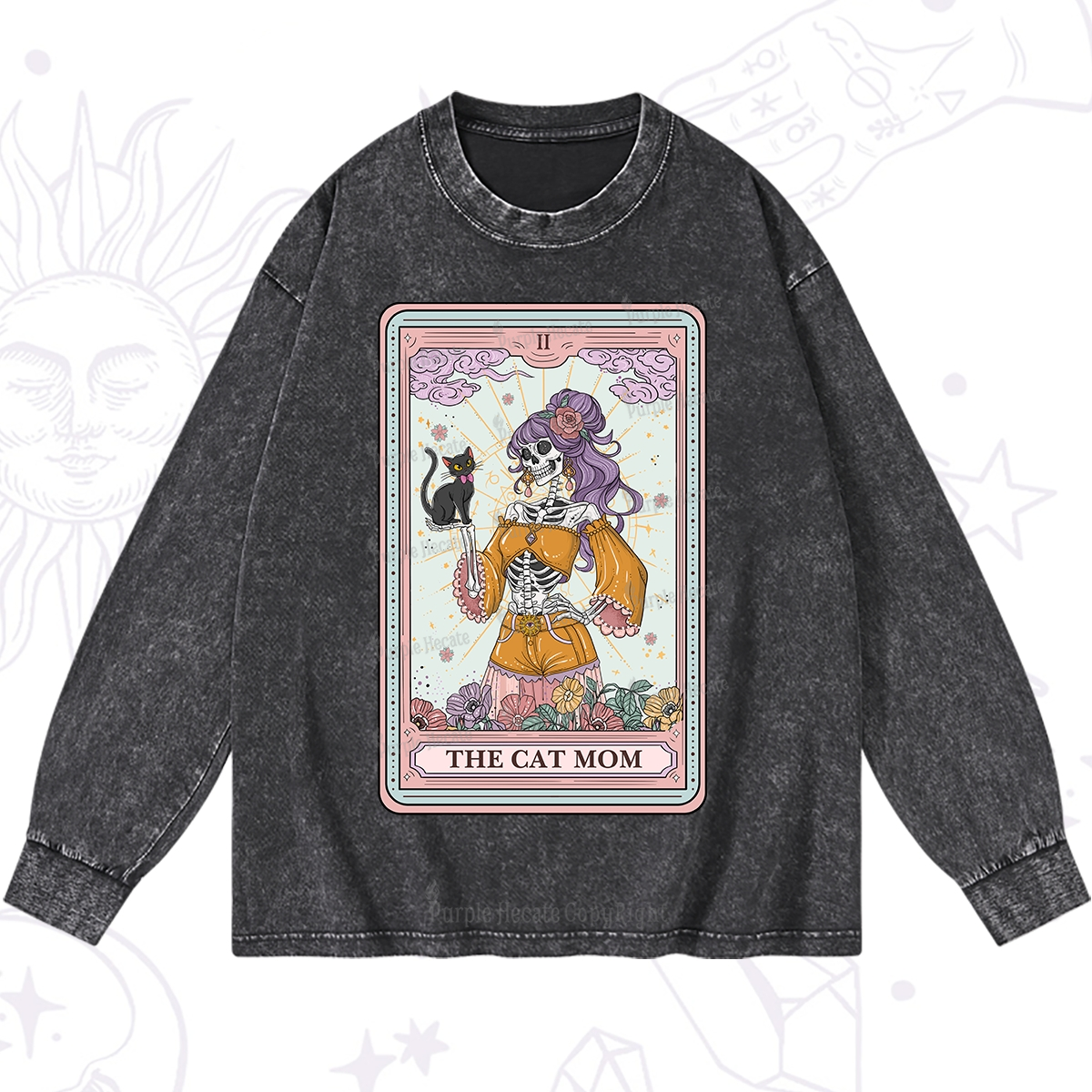 Purplehecate The Skeleton Cat Mom Tarot Card Washed Long Sleeve Shirt