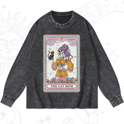 Purplehecate The Skeleton Cat Mom Tarot Card Washed Long Sleeve Shirt