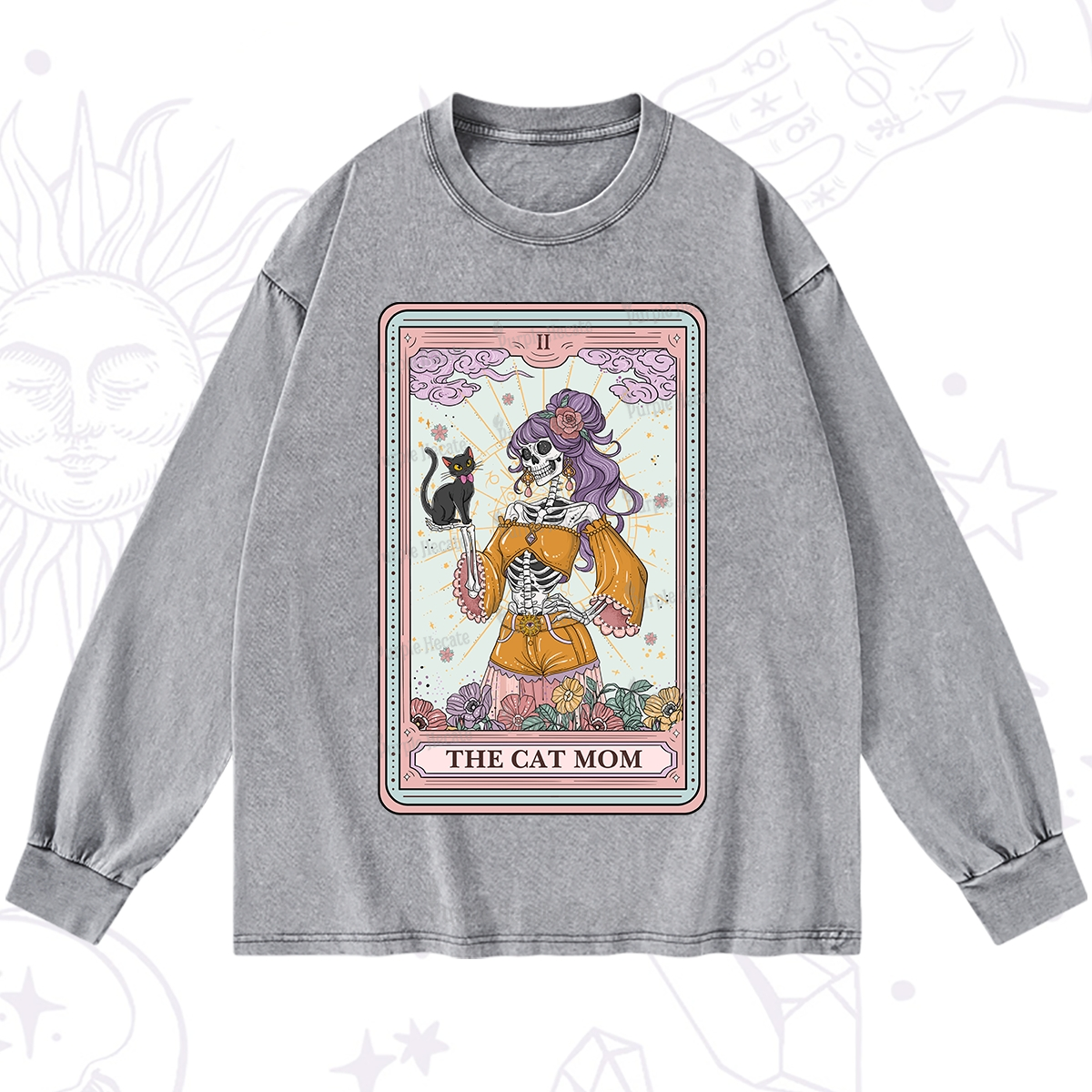 Purplehecate The Skeleton Cat Mom Tarot Card Washed Long Sleeve Shirt