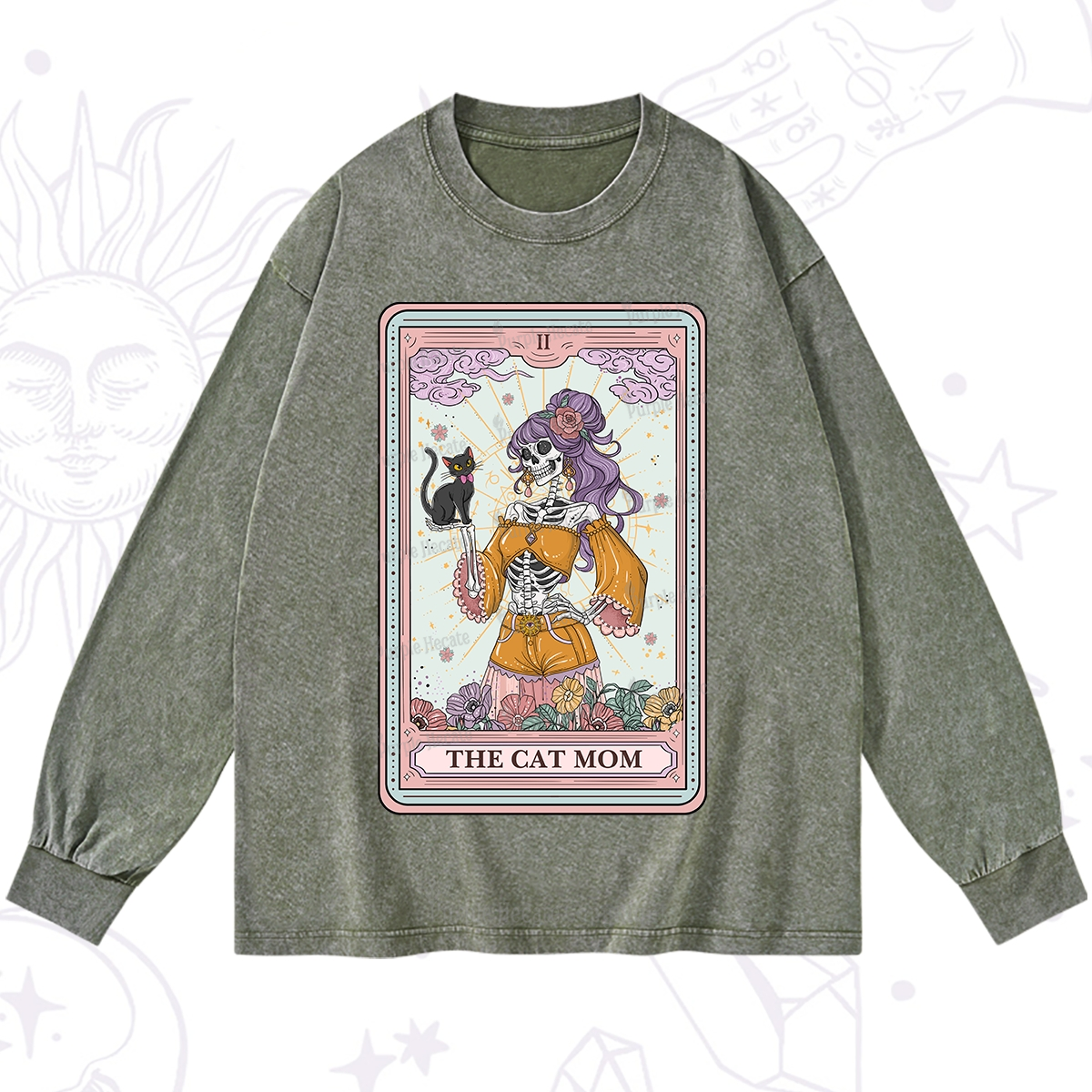 Purplehecate The Skeleton Cat Mom Tarot Card Washed Long Sleeve Shirt