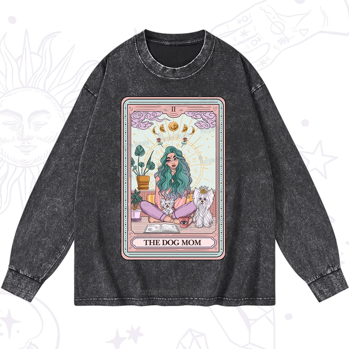 Purplehecate The Divine Dog Mom Tarot Card Washed Long Sleeve Shirt