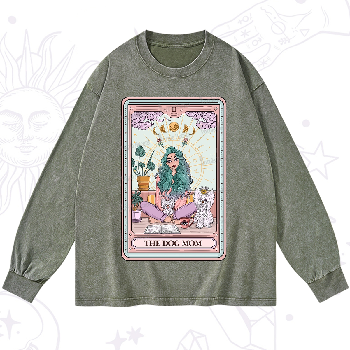 Purplehecate The Divine Dog Mom Tarot Card Washed Long Sleeve Shirt