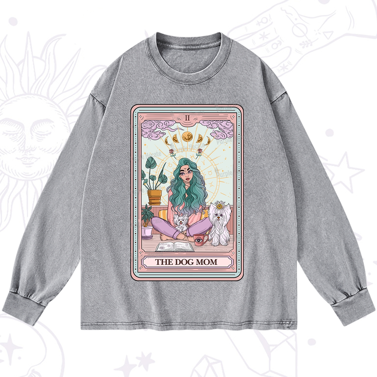 Purplehecate The Divine Dog Mom Tarot Card Washed Long Sleeve Shirt