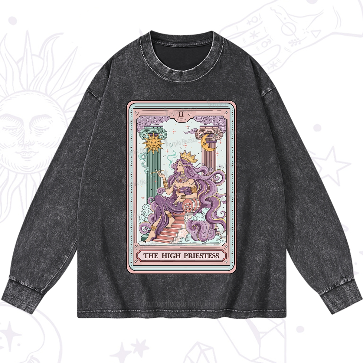 Purplehecate The Goddess High Priestess Tarot Card Washed Long Sleeve Shirt