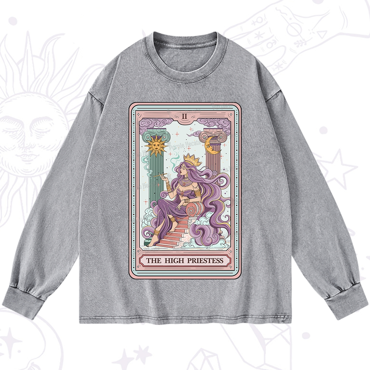 Purplehecate The Goddess High Priestess Tarot Card Washed Long Sleeve Shirt