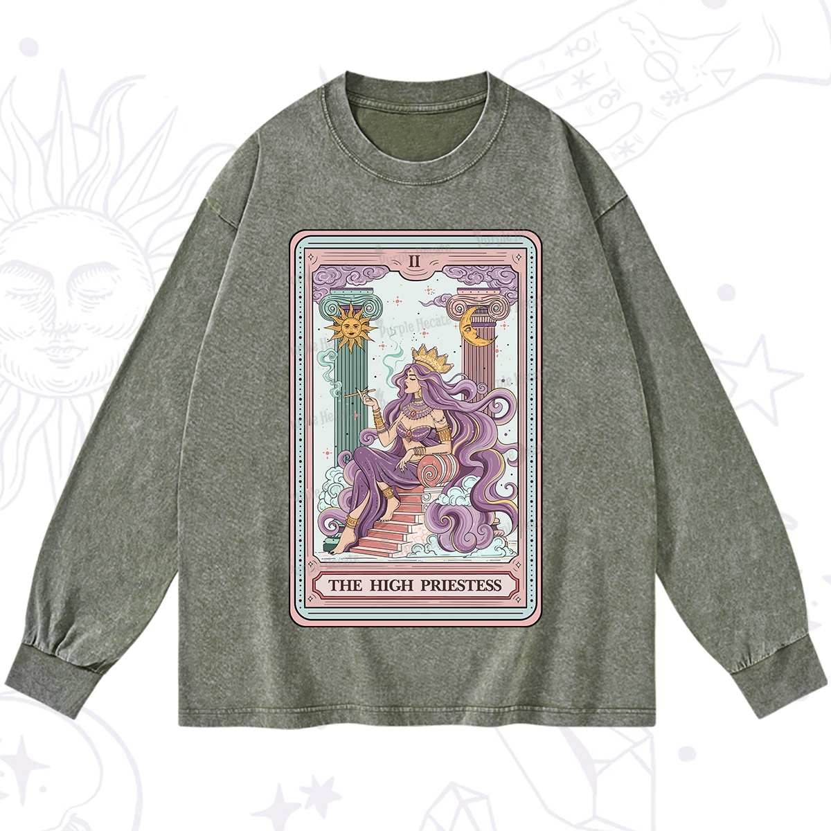 Purplehecate The Goddess High Priestess Tarot Card Washed Long Sleeve Shirt