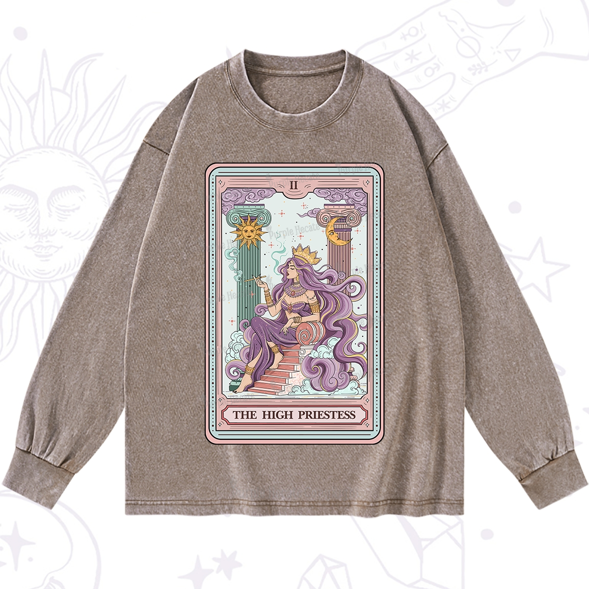 Purplehecate The Goddess High Priestess Tarot Card Washed Long Sleeve Shirt