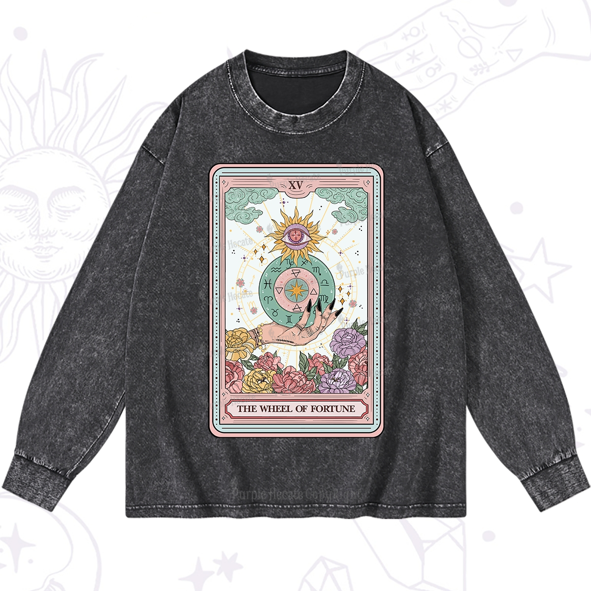 Purplehecate The Wheel of Fortune Tarot Card Washed Long Sleeve Shirt