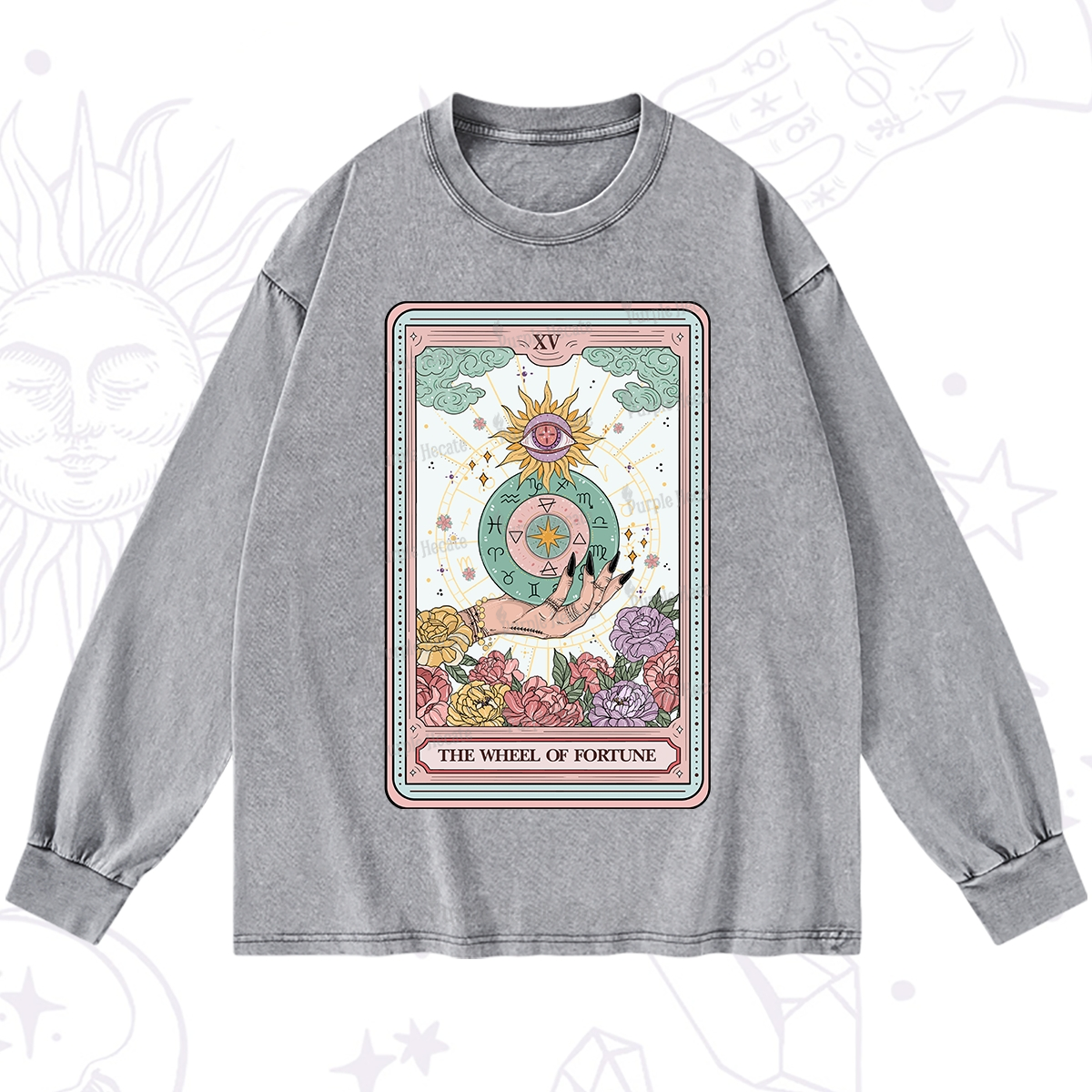 Purplehecate The Wheel of Fortune Tarot Card Washed Long Sleeve Shirt