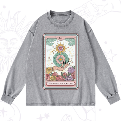 Purplehecate The Wheel of Fortune Tarot Card Washed Long Sleeve Shirt