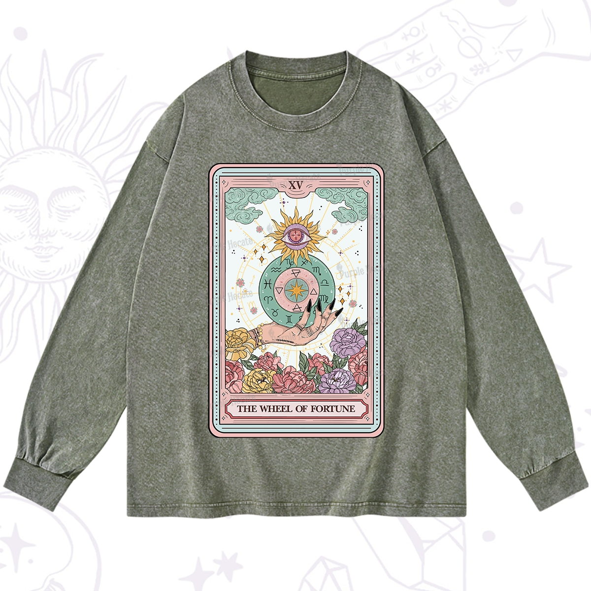 Purplehecate The Wheel of Fortune Tarot Card Washed Long Sleeve Shirt