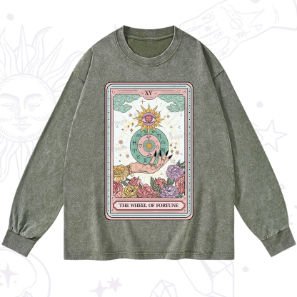 Purplehecate The Wheel of Fortune Tarot Card Washed Long Sleeve Shirt