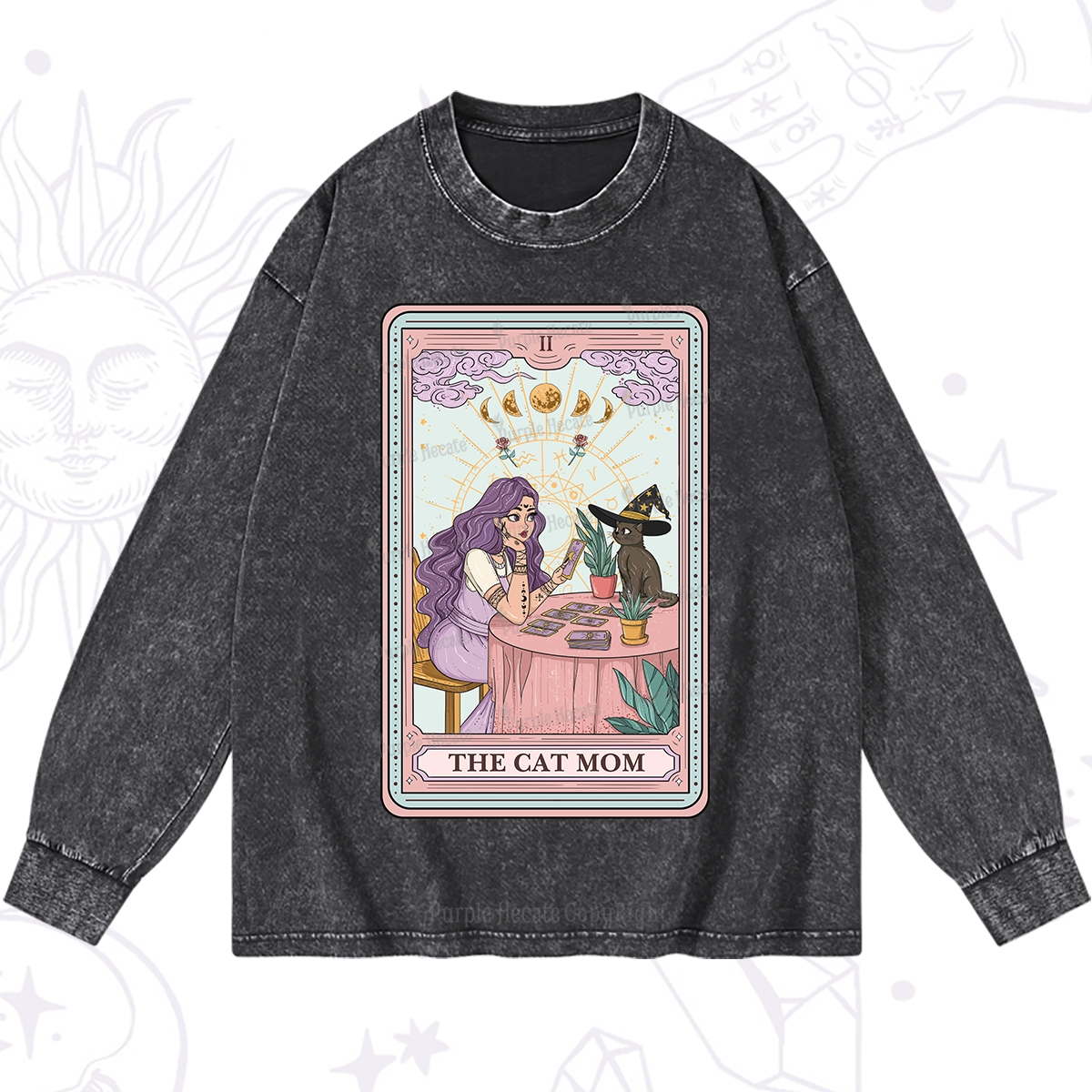 Purplehecate The Witchy Cat Mom Tarot Washed Long Sleeve Shirt