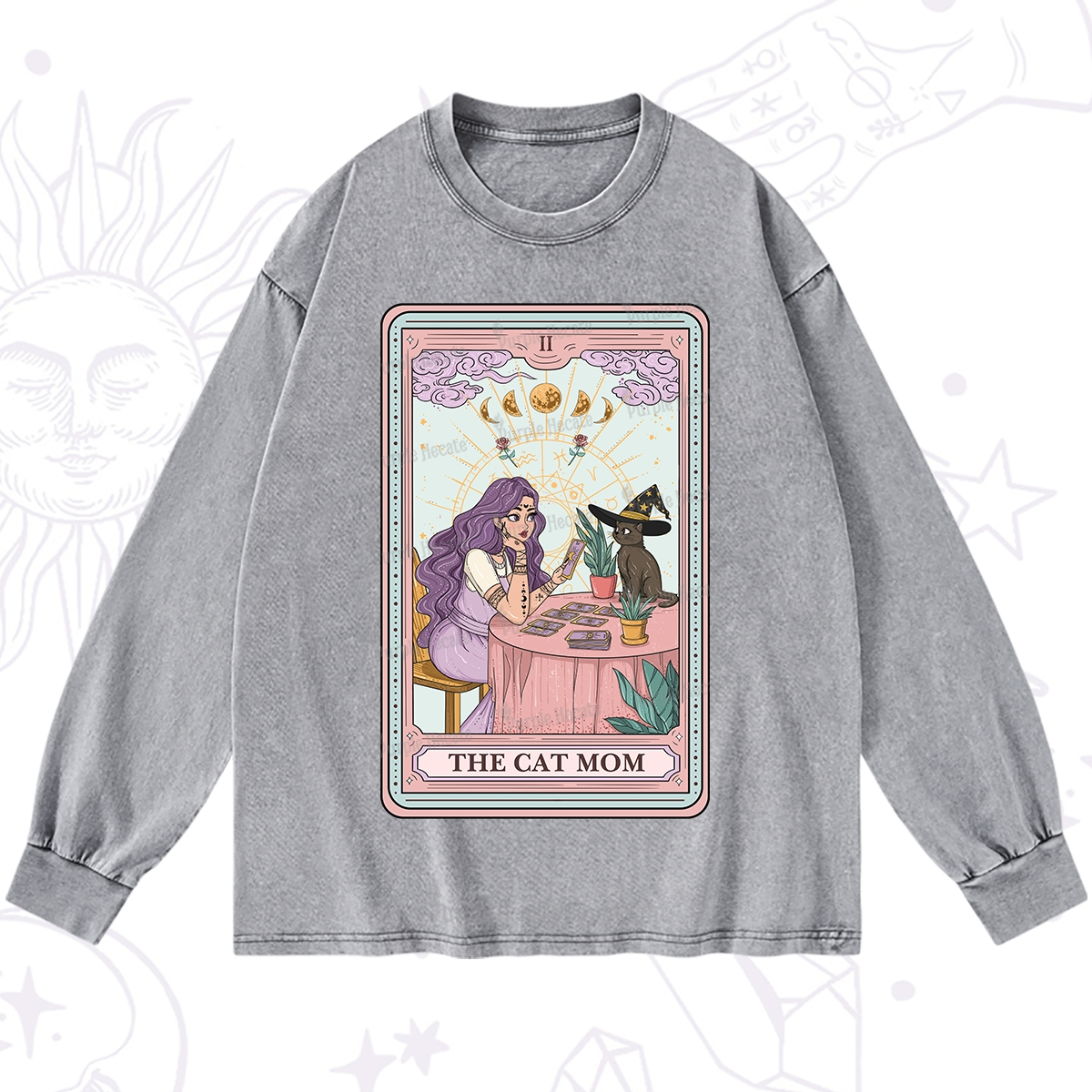 Purplehecate The Witchy Cat Mom Tarot Washed Long Sleeve Shirt