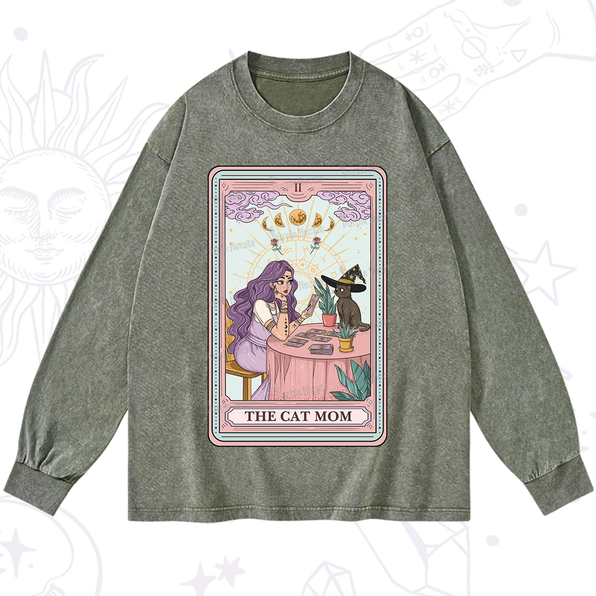Purplehecate The Witchy Cat Mom Tarot Washed Long Sleeve Shirt