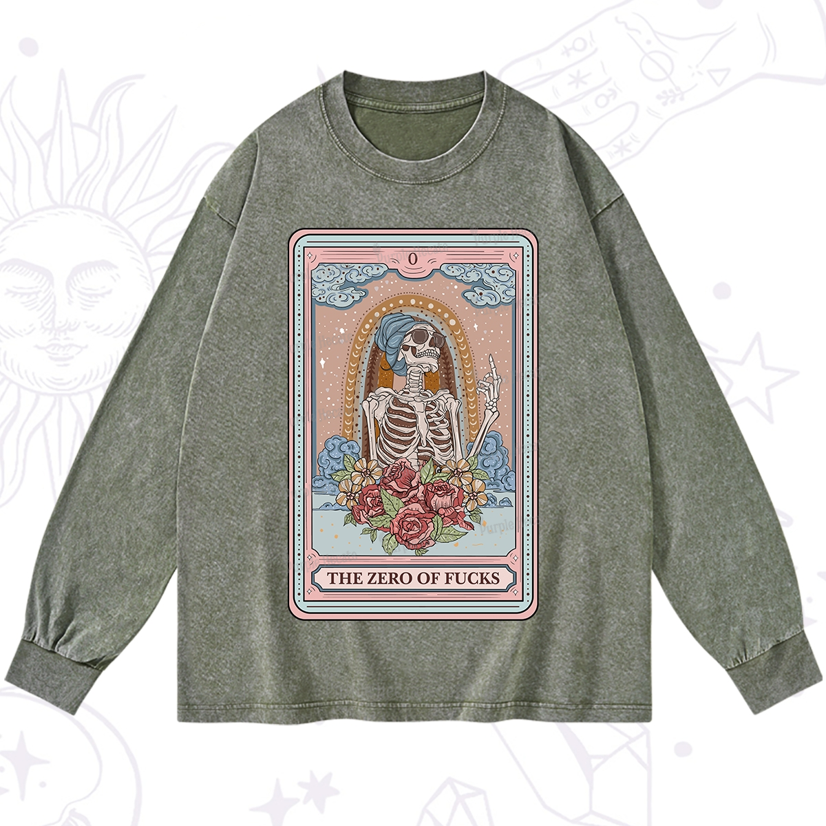 Purplehecate The Zero Of Fucks Tarot Card Washed Long Sleeve Shirt