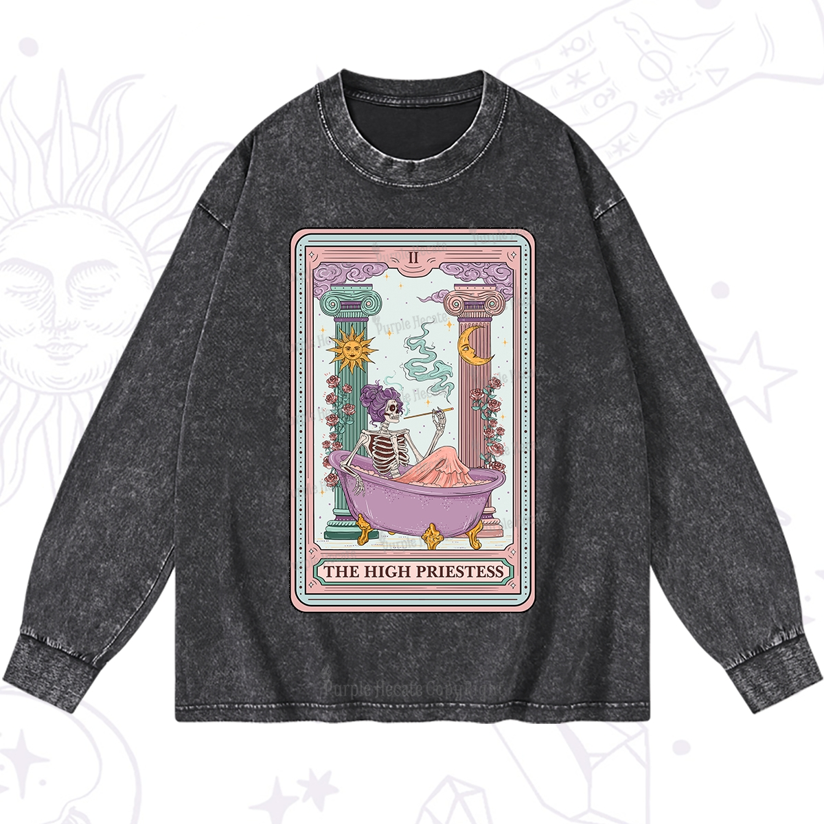 Purplehecate The Noble High Priestess Tarot Card Washed Long Sleeve Shirt