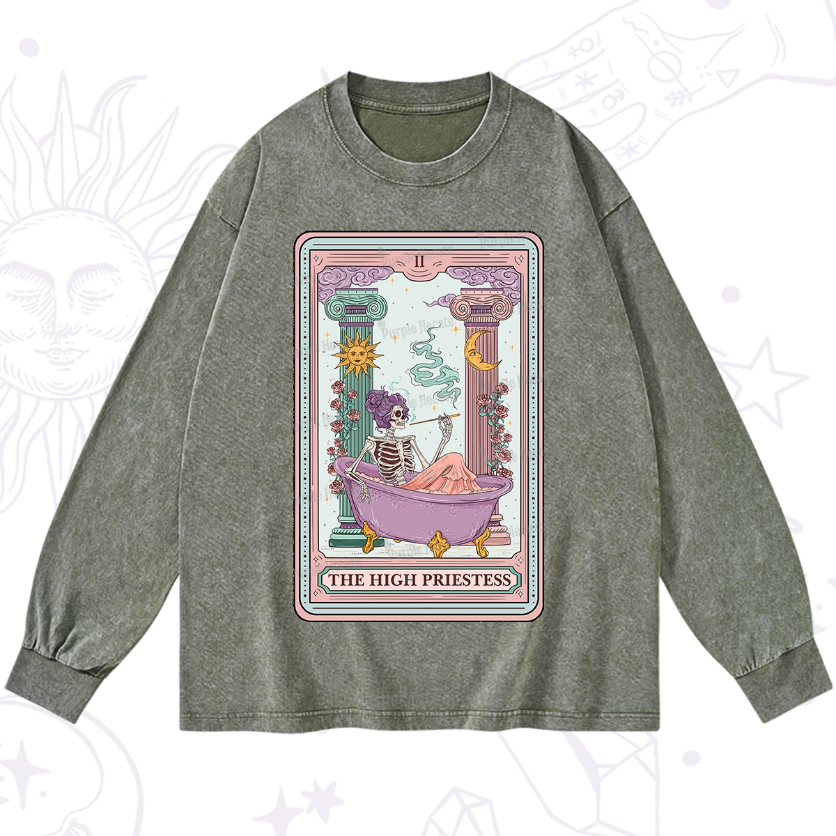 Purplehecate The Noble High Priestess Tarot Card Washed Long Sleeve Shirt