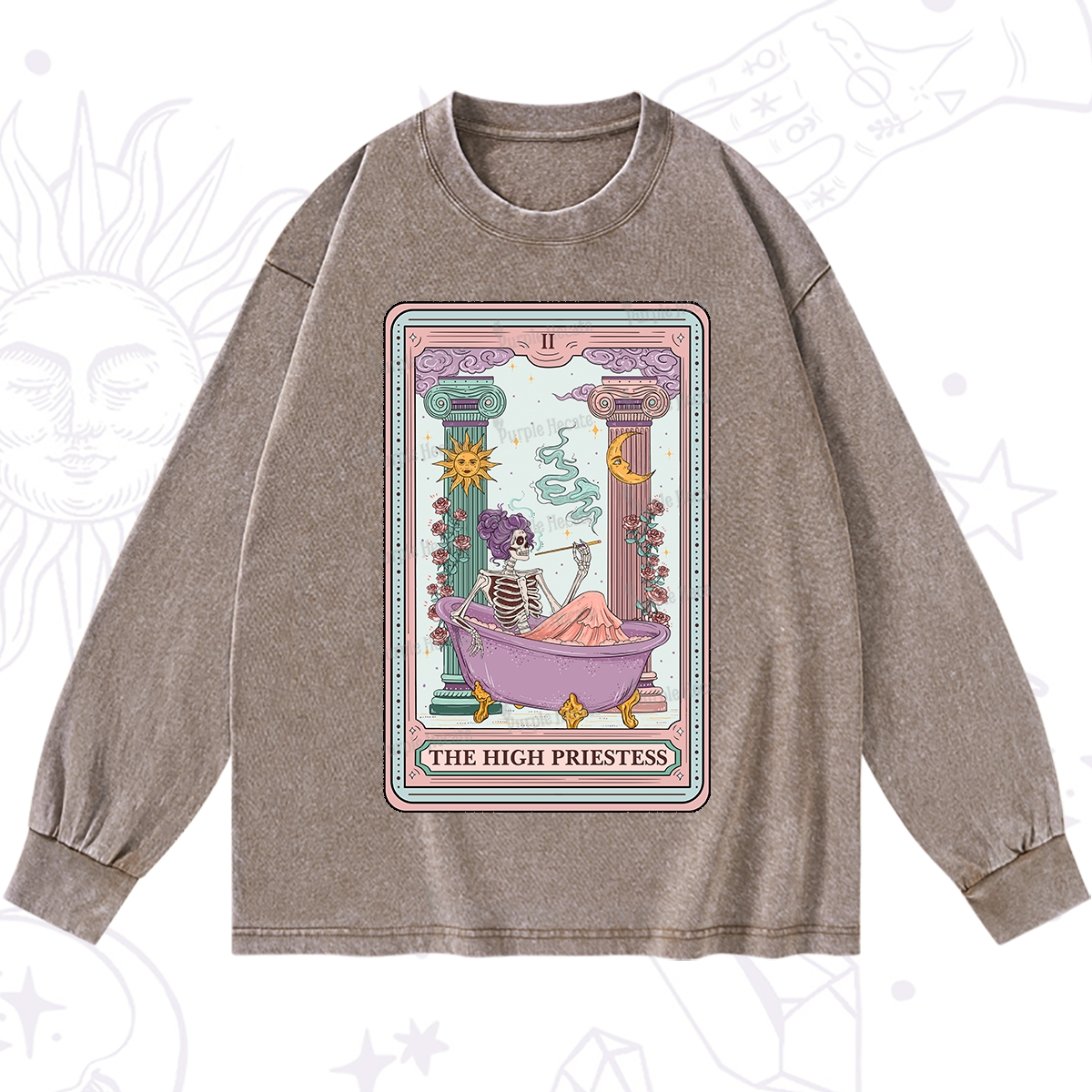 Purplehecate The Noble High Priestess Tarot Card Washed Long Sleeve Shirt