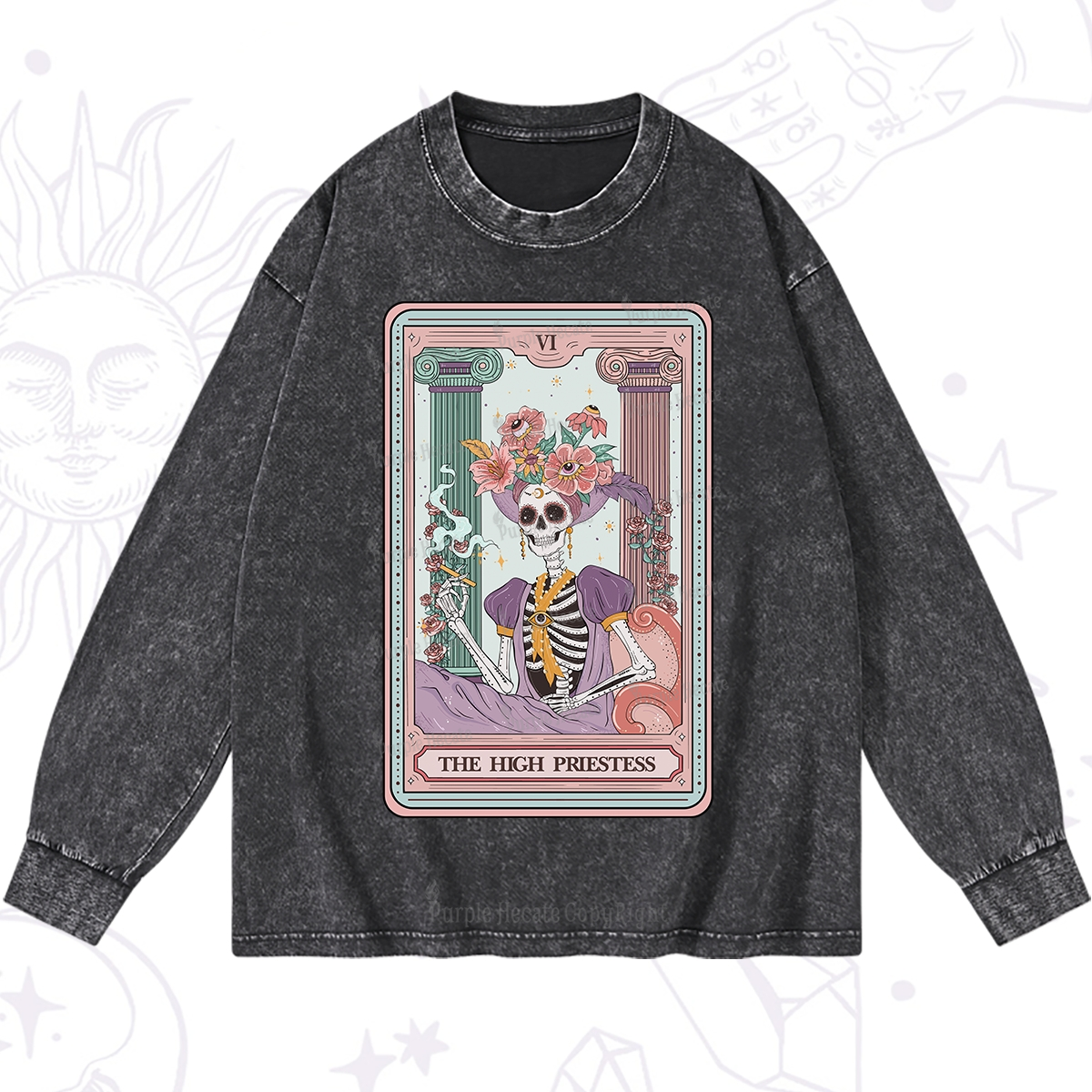 Purplehecate The High Priestess Skeleton Tarot Washed Long Sleeve Shirt