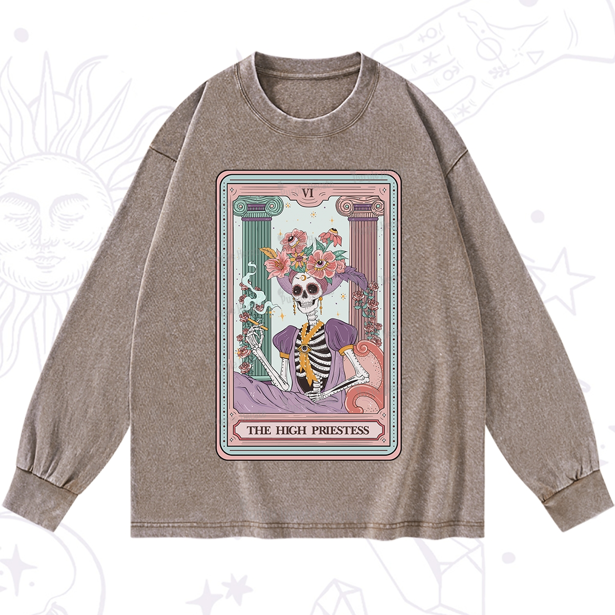 Purplehecate The High Priestess Skeleton Tarot Washed Long Sleeve Shirt