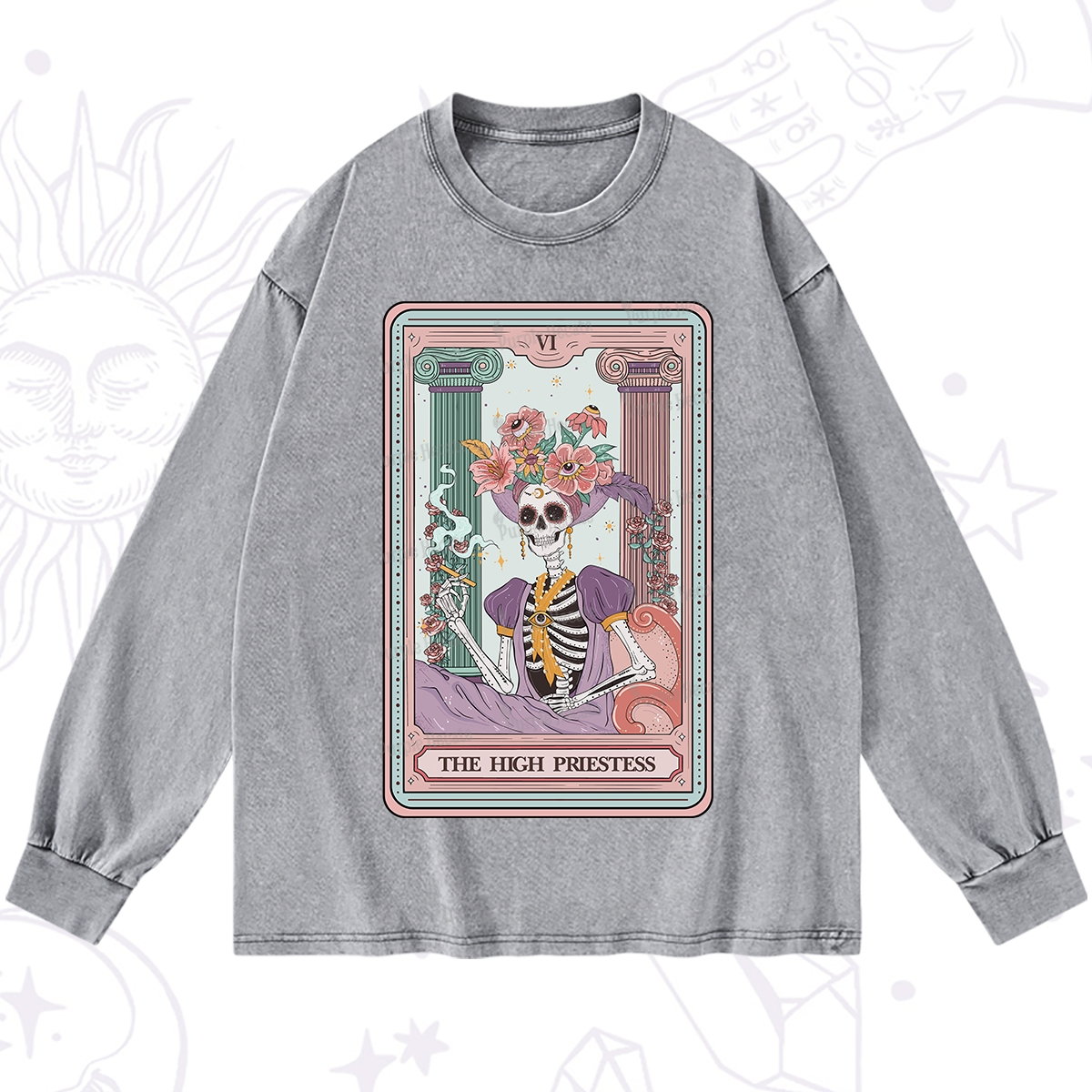 Purplehecate The High Priestess Skeleton Tarot Washed Long Sleeve Shirt