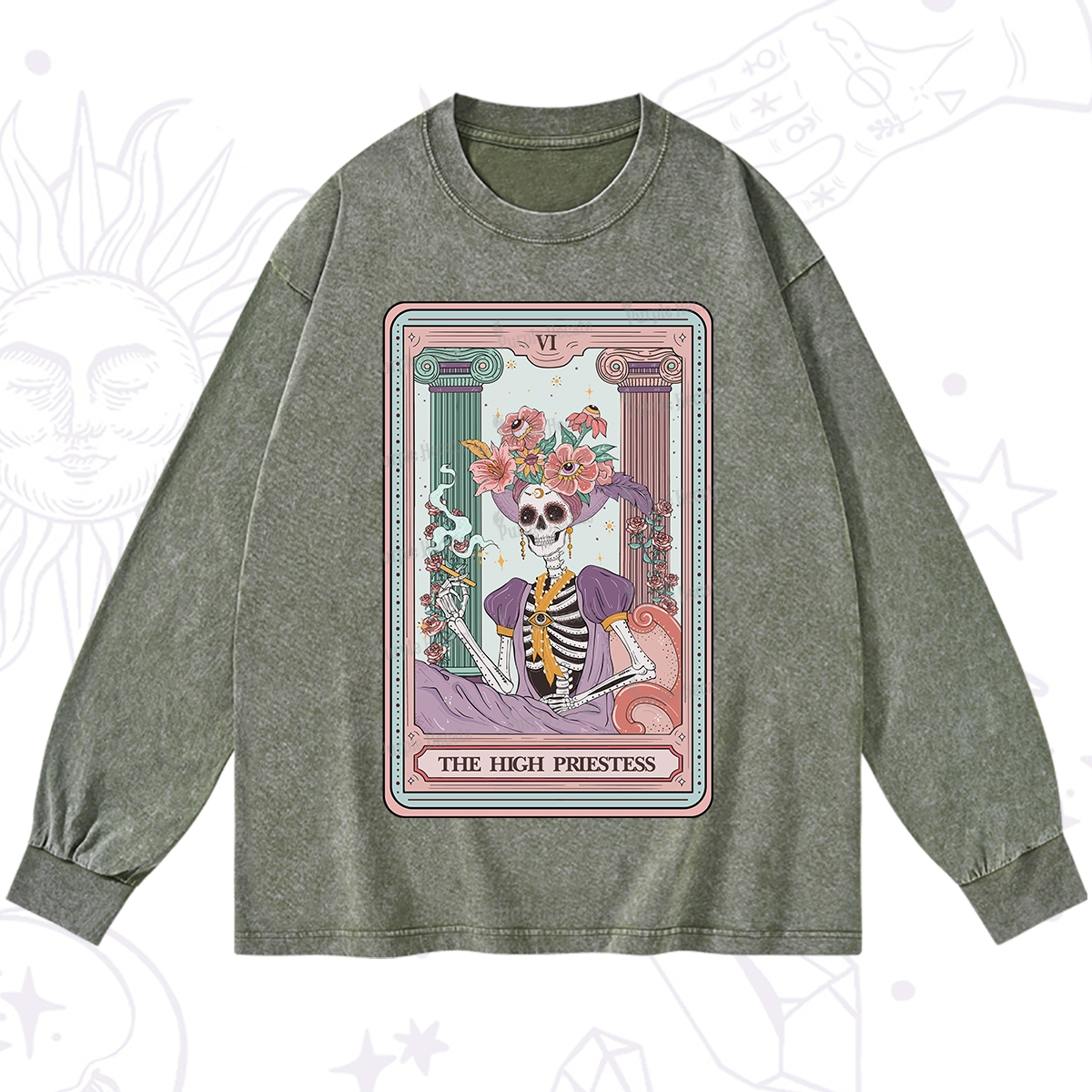 Purplehecate The High Priestess Skeleton Tarot Washed Long Sleeve Shirt