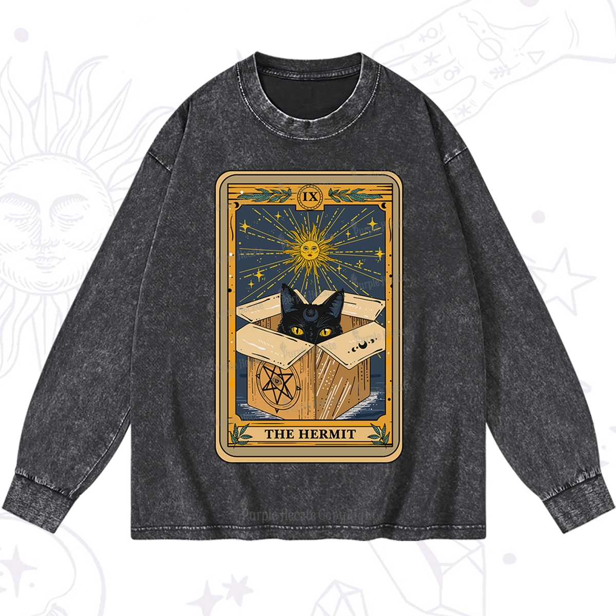 Purplehecate The Hermit Cat Tarot Card Washed Long Sleeve Shirt