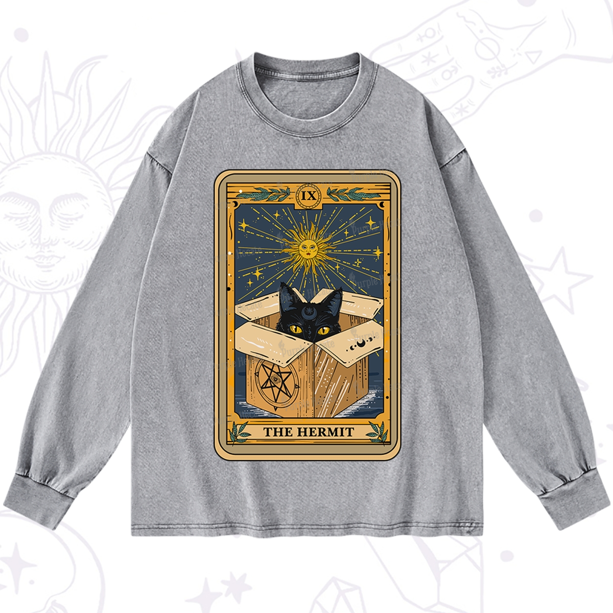 Purplehecate The Hermit Cat Tarot Card Washed Long Sleeve Shirt