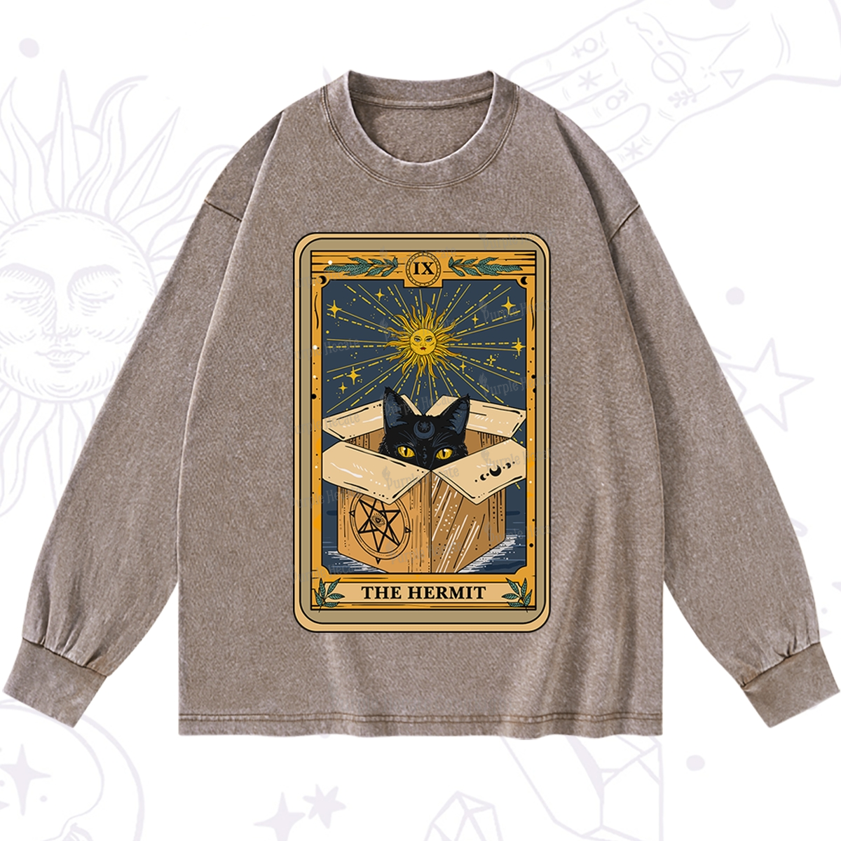 Purplehecate The Hermit Cat Tarot Card Washed Long Sleeve Shirt