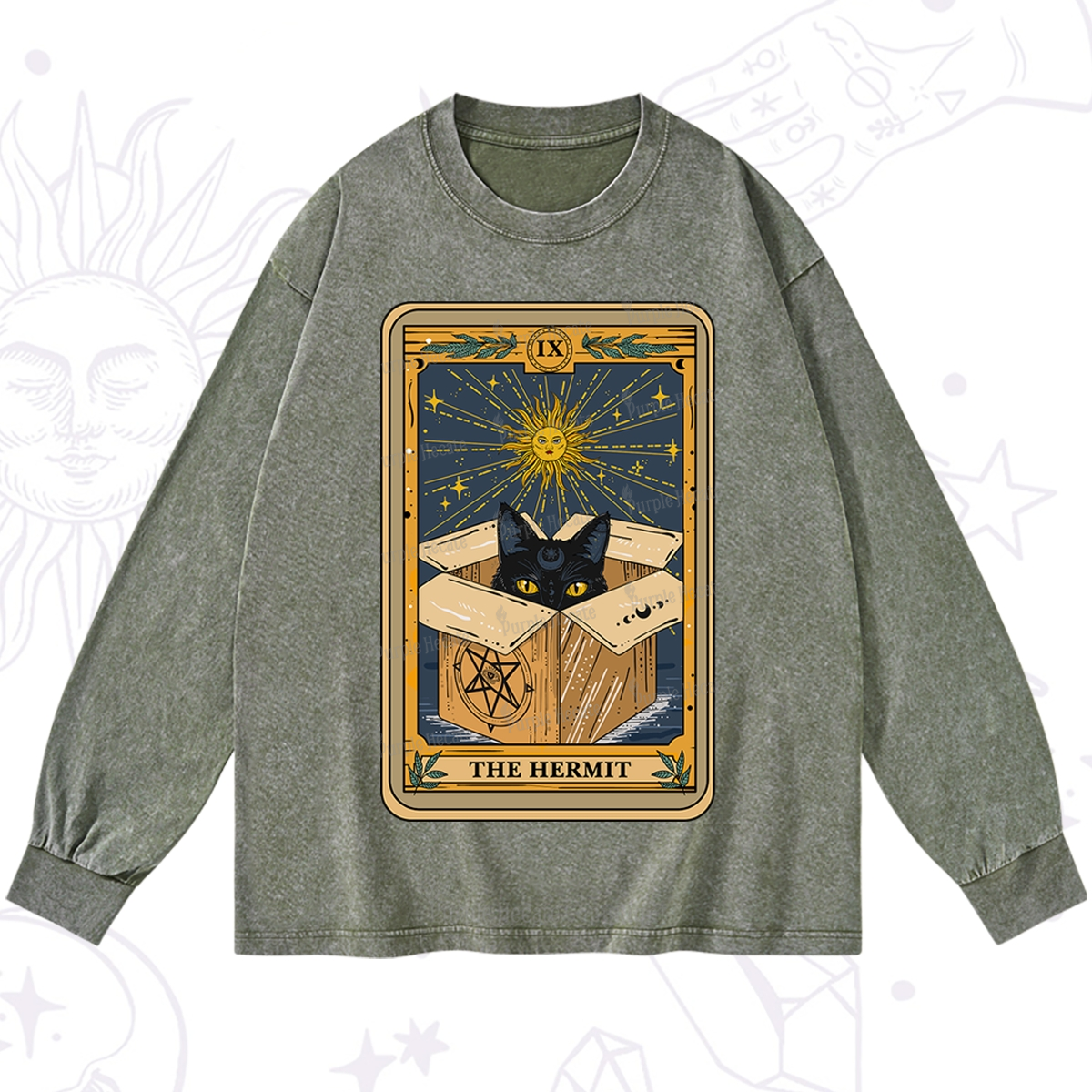 Purplehecate The Hermit Cat Tarot Card Washed Long Sleeve Shirt