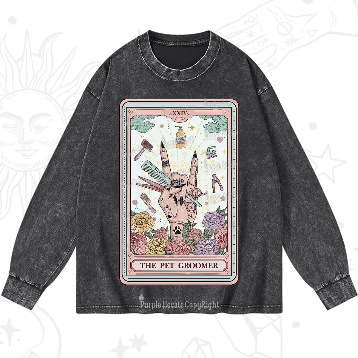 Purplehecate The Pet Groomer Tarot Card Washed Long Sleeve Shirt