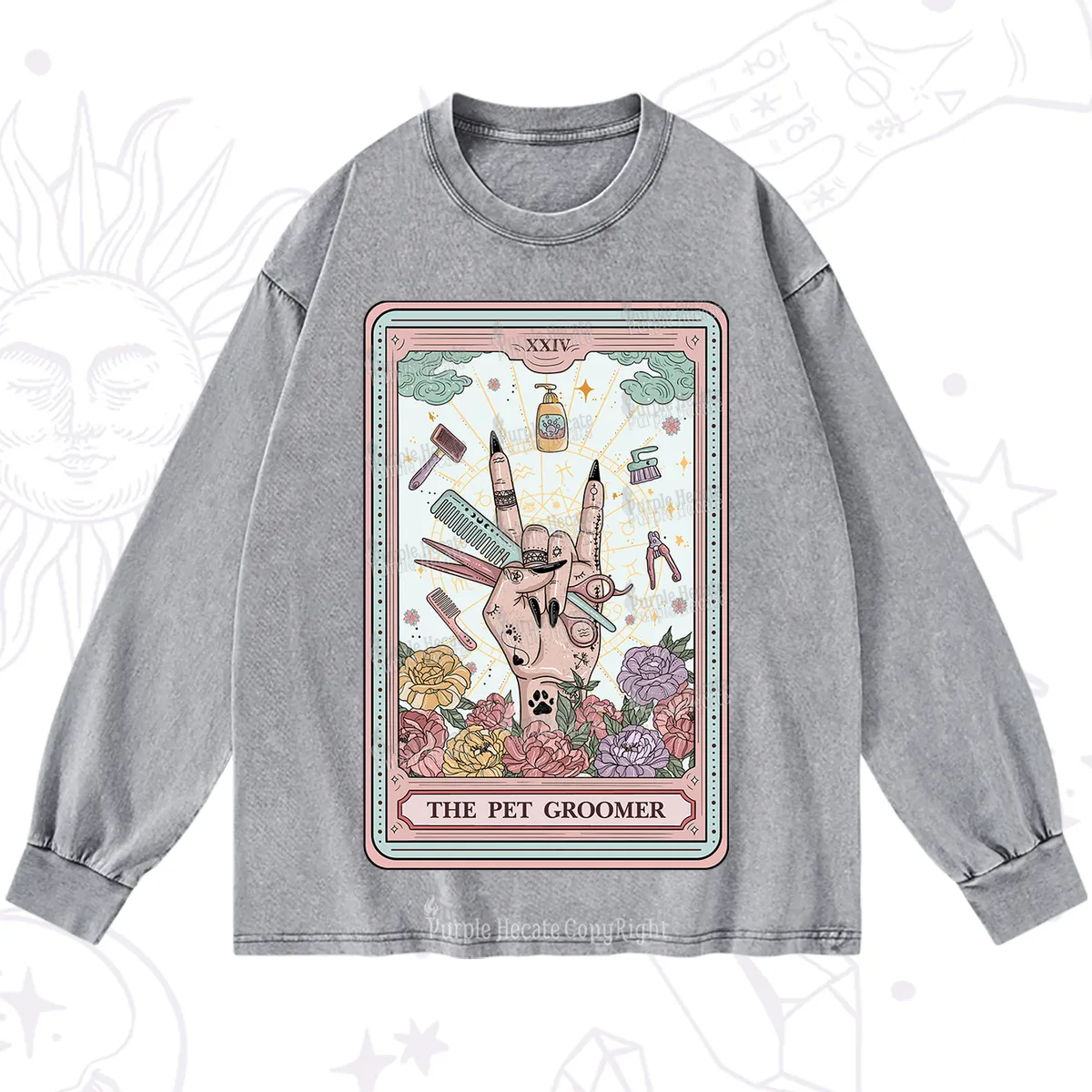 Purplehecate The Pet Groomer Tarot Card Washed Long Sleeve Shirt