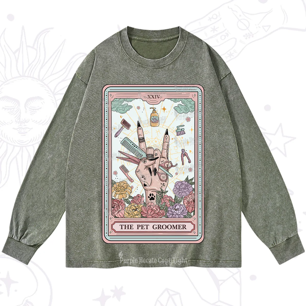 Purplehecate The Pet Groomer Tarot Card Washed Long Sleeve Shirt