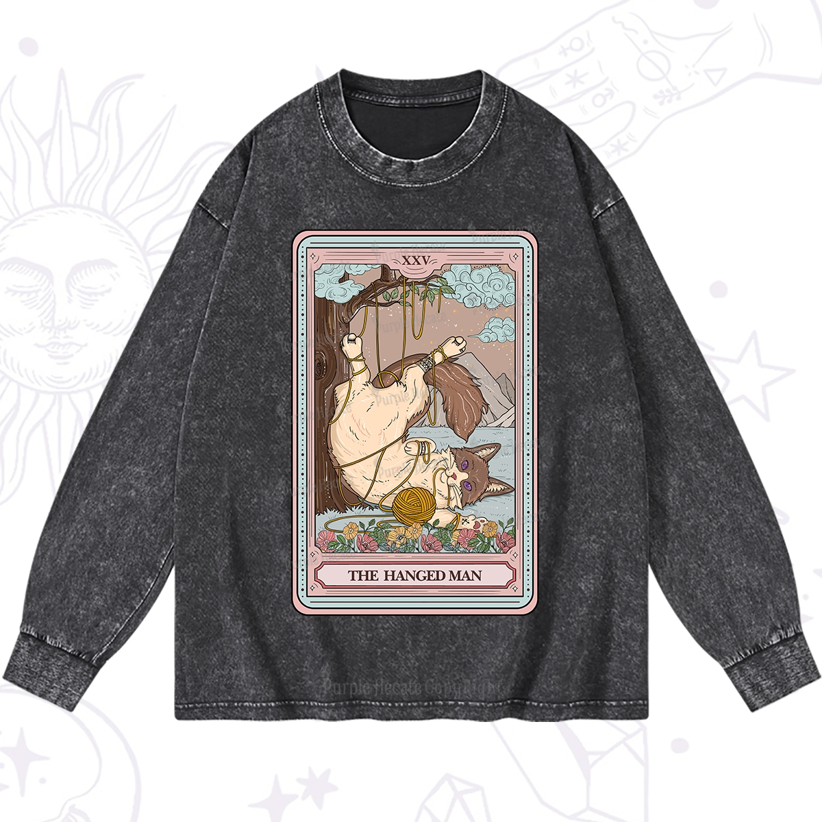Purplehecate The Hanged Man Tarot Cat Washed Long Sleeve Shirt
