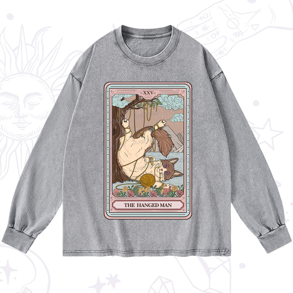 Purplehecate The Hanged Man Tarot Cat Washed Long Sleeve Shirt