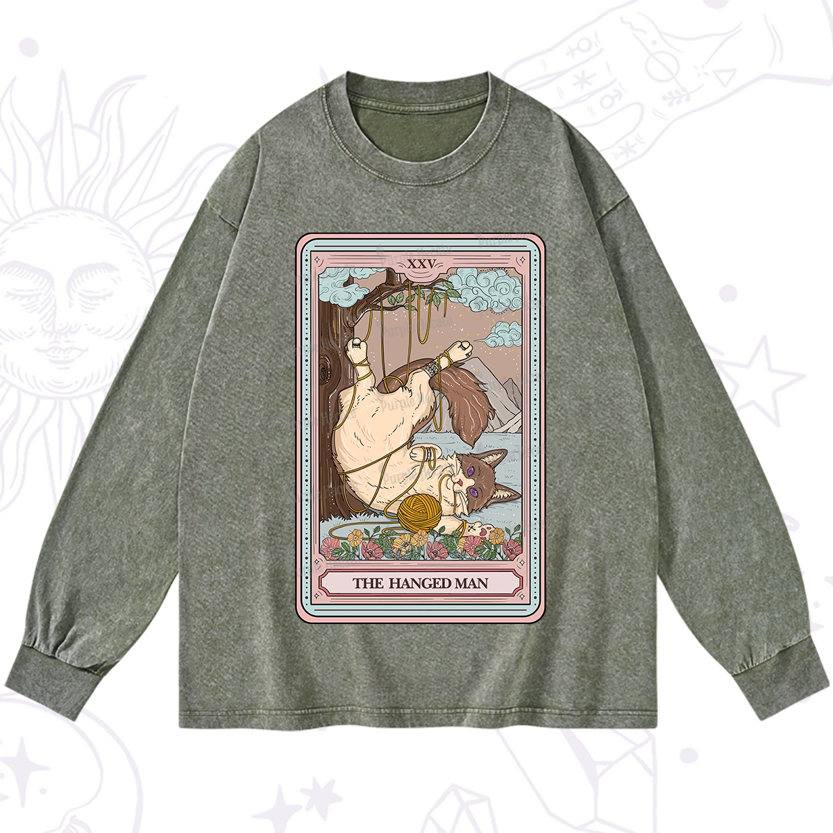 Purplehecate The Hanged Man Tarot Cat Washed Long Sleeve Shirt