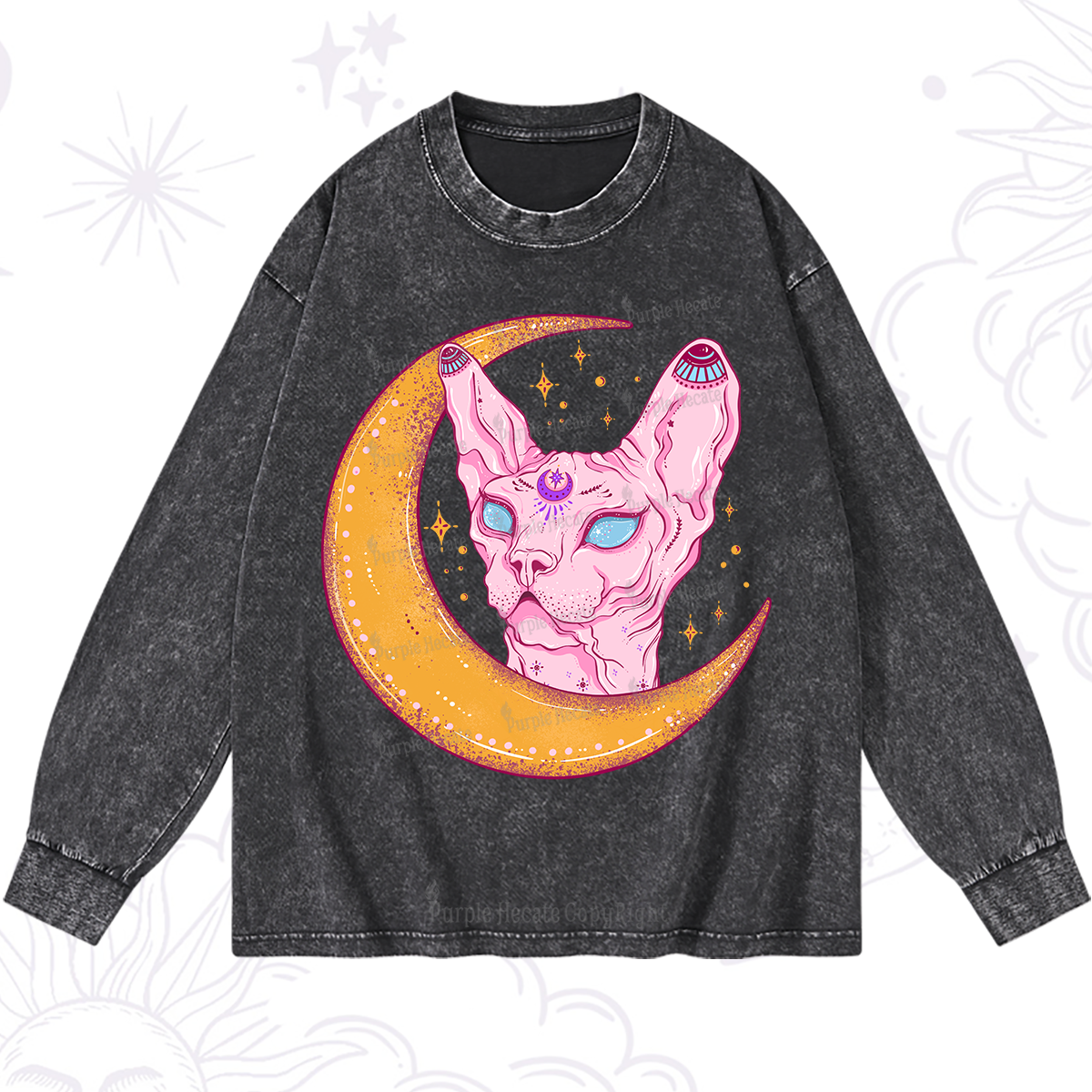 Purplehecate Mystical Witchy Cat Washed Long Sleeve Shirt